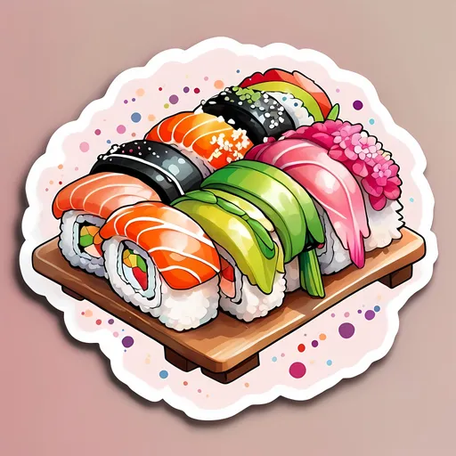 Prompt: STICKER, SOLID background, SHARP FOCUS of A Detailed watercolor of cute sushi rolls on a table looking down, Floral Splash, Rainbow Colors, Redbubble Sticker,Splash In Vibrant Colors, 3D Vector Art, Cute And Quirky, Adobe Illustrator, HandDrawn, Digital Painting, LowPoly, Soft Lighting, Bird'sEye View, Isometric Style, Retro Aesthetic, Focused On The Character, 4K Resolution,