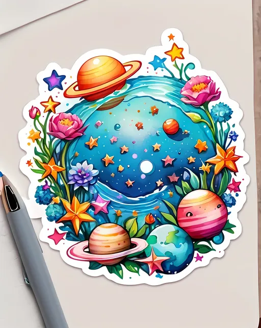 Prompt: STICKER, SOLID background, SHARP FOCUS of A Detailed watercolor of cute swiming pool of stars and planets, SOLID BACKGROUND< white background, Floral Splash, Rainbow Colors, Redbubble Sticker,Splash In Vibrant Colors, 3D Vector Art, Cute And Quirky, Adobe Illustrator, HandDrawn, Digital Painting, LowPoly, Soft Lighting, Bird'sEye View, Isometric Style, Retro Aesthetic, Focused On The Character, 4K Resolution,