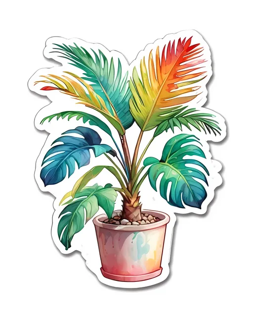 Prompt: STICKER, sticker design, SOLID background, white background, SHARP FOCUS of A Detailed watercolor, RetroVintage, palm tree, vintage colors, illustration, detailed monstera plants, detailed jungle plants SOLID BACKGROUND< white background, Floral Splash, Rainbow Colors, Redbubble Sticker,Splash In Vibrant Colors, 3D Vector Art, Cute And Quirky, Adobe Illustrator, HandDrawn, Digital Painting, LowPoly, Soft Lighting, Bird'sEye View, Isometric Style, Retro Aesthetic, Focused On The Character, 4K Resolution, STICKER DESIGN SOLID WHITE BACKground 