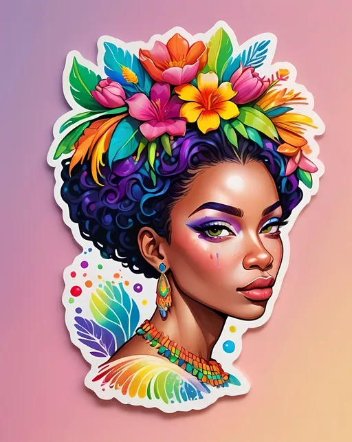 Prompt: STICKER, SOLID background, SHARP FOCUS of A Detailed Illustration of a 
african queen, Floral Splash, Rainbow Colors, Redbubble Sticker,Splash In Vibrant Colors, 3D Vector Art, Cute And Quirky, Adobe Illustrator, HandDrawn, Digital Painting, LowPoly, Soft Lighting, Bird'sEye View, Isometric Style, Retro Aesthetic, Focused On The Character, 4K Resolution,
