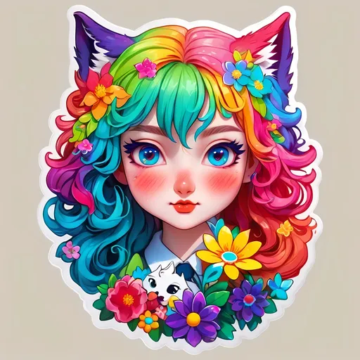 Prompt: STICKER, SOLID background, SHARP FOCUS of A Detailed kawaii of wolf girl, Floral Splash, Rainbow Colors, Redbubble Sticker,Splash In Vibrant Colors, 3D Vector Art, Cute And Quirky, Adobe Illustrator, HandDrawn, Digital Painting, LowPoly, Soft Lighting, Bird'sEye View, Isometric Style, Retro Aesthetic, Focused On The Character, 4K Resolution,