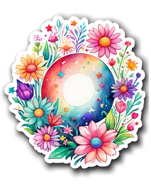 Prompt: STICKER, SOLID background, SHARP FOCUS of A Detailed watercolor of kawaii Abstract, feminine, flowers, stars, colorful, portal, love, outer space, dance, happy, kandinsky style

 SOLID BACKGROUND< white background, Floral Splash, Rainbow Colors, Redbubble Sticker,Splash In Vibrant Colors, 3D Vector Art, Cute And Quirky, Adobe Illustrator, HandDrawn, Digital Painting, LowPoly, Soft Lighting, Bird'sEye View, Isometric Style, Retro Aesthetic, Focused On The Character, 4K Resolution,