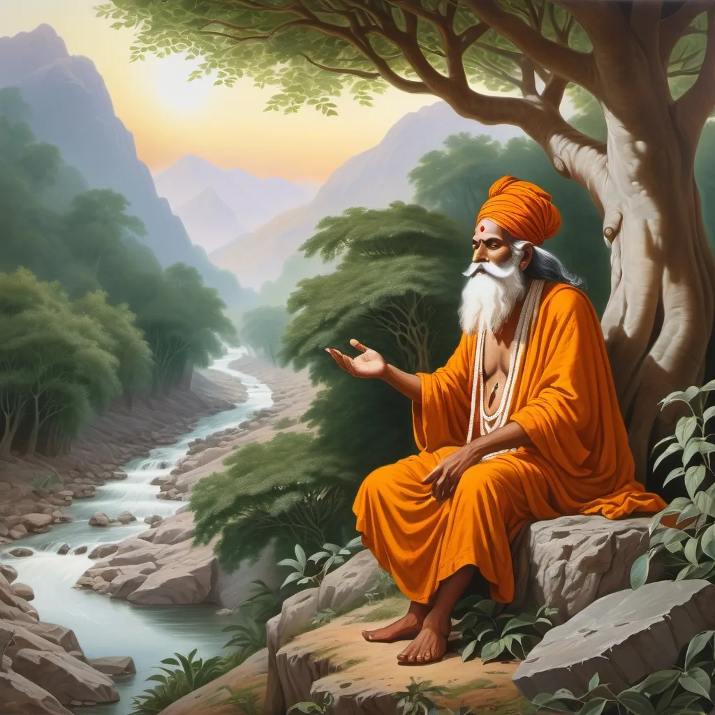 Prompt: an indian sage, long white beard, face with radiant peaceful aura, wearing saffron color robe , seated under a ficus tree, addressing to disciples, in a forest with beautiful scenery of river and mountain