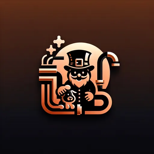 Prompt: (Plumbing logo), featuring a whimsical leprechaun with a mischievous grin, (adorable white dog) by his side, vibrant copper and black colors, bold design, Celtic style, clean lines, distinct silhouette, cheerful atmosphere, intricate details, seamless integration of plumbing elements, (professional and eye-catching), suitable for branding or business identity.