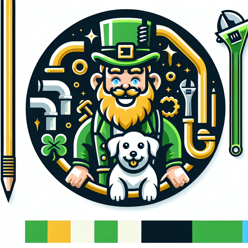 Prompt: (logo design), Plumbing theme, (whimsical leprechaun) with a playful expression, (adorable white dog) beside him, colorful palette with greens and golds, professional and modern style, incorporated plumbing elements like pipes or wrenches, clean lines, balanced composition, eye-catching and memorable design, suitable for a plumbing business.