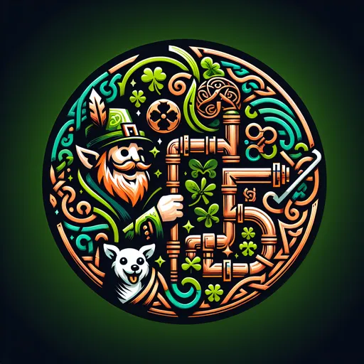 Prompt: (Plumbing logo), featuring a whimsical leprechaun with a mischievous grin, (adorable white dog) by his side, vibrant copper and black and green and dark green colors, bold design, Celtic style, clean lines, distinct silhouette, cheerful atmosphere, intricate details, seamless integration of plumbing elements, (professional and eye-catching), suitable for branding or business identity.