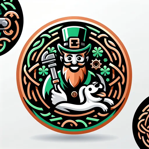 Prompt: (Plumbing logo), featuring a whimsical leprechaun with a mischievous grin, (adorable white dog) by his side, vibrant copper and black and green and dark green colors, bold design, Celtic style, clean lines, distinct silhouette, cheerful atmosphere, intricate details, seamless integration of plumbing elements, (professional and eye-catching), suitable for branding or business identity.