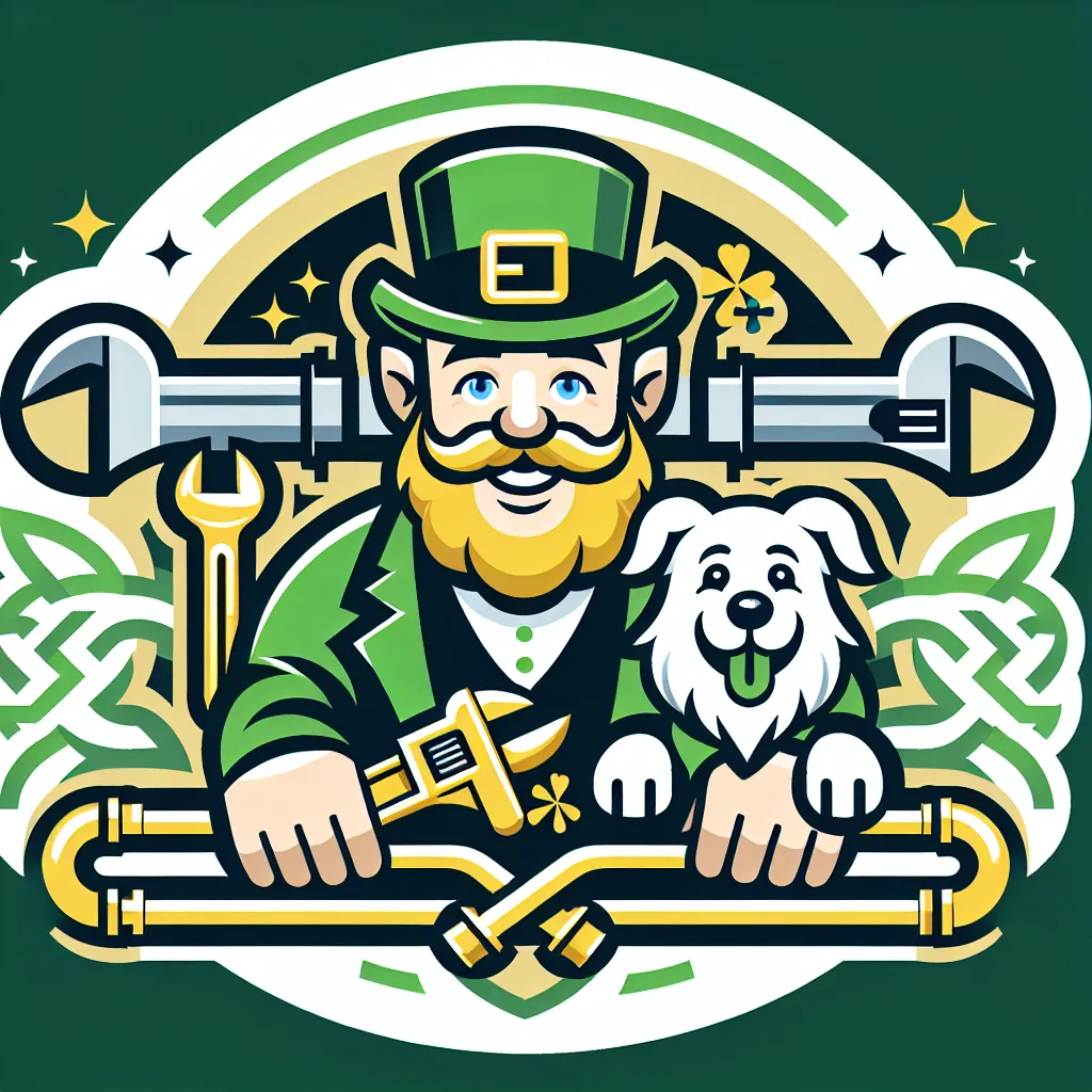 Prompt: (logo design), Plumbing theme, (whimsical leprechaun) with a playful expression, (adorable white dog) beside him, colorful palette with greens and golds, professional and modern style, incorporated plumbing elements like pipes or wrenches, Celtic pattern, balanced composition, eye-catching and memorable design, suitable for a plumbing business.