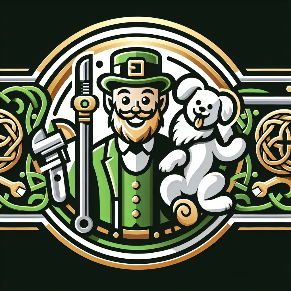 Prompt: (logo design), Plumbing theme, (whimsical leprechaun) with a playful expression, (adorable white dog) beside him, colorful palette with greens and golds, professional and modern style, incorporated plumbing elements like pipes or wrenches, Celtic pattern, balanced composition, eye-catching and memorable design, suitable for a plumbing business.