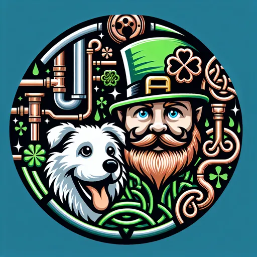 Prompt: (Plumbing logo), featuring a whimsical leprechaun with a mischievous grin, (adorable white dog) by his side, vibrant copper and black and green and dark green colors, bold design, Celtic style, clean lines, distinct silhouette, cheerful atmosphere, intricate details, seamless integration of plumbing elements, (professional and eye-catching), suitable for branding or business identity.