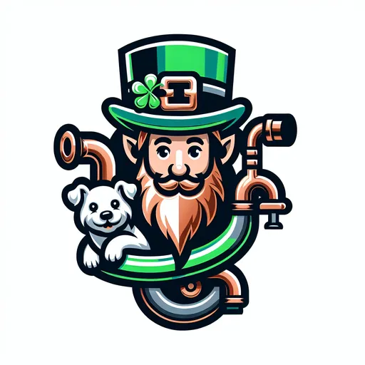 Prompt: (Plumbing logo), featuring a whimsical leprechaun with a slight grin, (adorable white dog) by his side, vibrant copper and black and dark green colors, bold design, Celtic style, clean lines, distinct silhouette, cheerful atmosphere, intricate details, seamless integration of plumbing elements, (professional and eye-catching), suitable for branding or business identity.