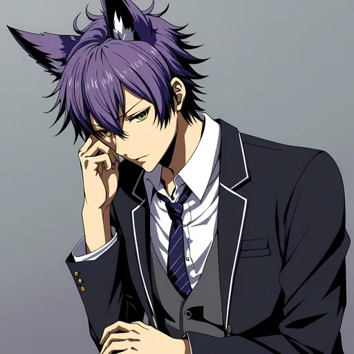 Prompt: anime, boy, detailed, violet hair, shy, fox ears, fox tail, very detailed, messy hair, Yasogami High School uniform from Persona 4, confidence with a casual flair, blazer slightly unbuttoned, tie loosened, snug fit, he moves with ease, embodying human elegance