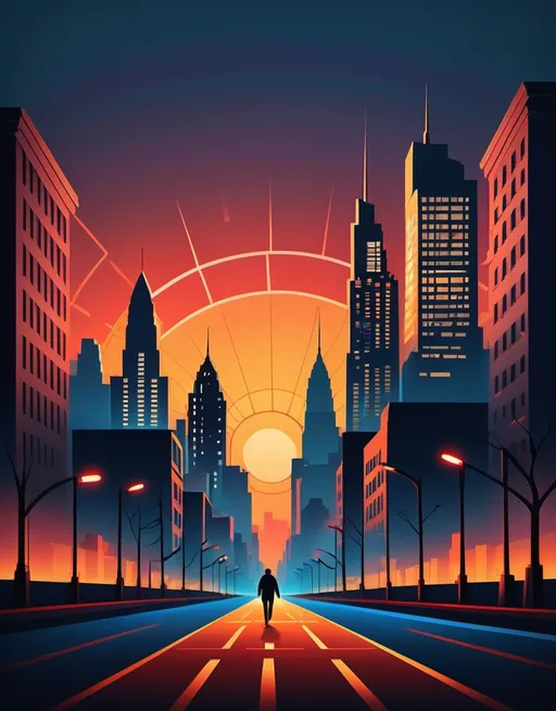 Prompt: "A sleek, minimalist design featuring a film reel unraveling, morphing into a vibrant cityscape at sunset. The reel transitions into glowing streetlights and skyscrapers, with silhouettes of iconic film characters walking through the scene. The backdrop includes subtle gradients of cinematic colors (deep blues, golds, and reds) with the phrase 'Where Stories Come to Life' in an elegant script, positioned subtly at the bottom."
Would you like to adjust this further?