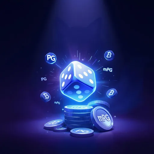 Prompt: Create a high-quality 2D digital teaser image for a Web3 gaming platform called PromoGaming. The scene should convey a sense of excitement, mystery, and anticipation — ideal for a product that merges gaming with crypto airdrops.

The visual should include:

A glowing dice mid-air, as if being rolled — focal point of the composition

"PG" and "mPG" Coins stack . The coins have "PG" inscribed on them

Subtle symbols of crypto around it (TON, USDT, BTC logos) gently glowing or hovering in the background

A soft spotlight or energy burst around the dice to give a "luck meets power" vibe

The faint and big outline or shadow of Plutus, the fox mascot, in the background — don’t make it too obvious.

A dark but vibrant gradient background (navy to purple or cosmic blue) that makes the central elements pop

Leave space at the top or bottom for text like “Coming Soon” or “Game On”

Design Style:

Clean, stylized 2D illustration

Semi-flat, slightly futuristic UI aesthetic

Transparent or soft background with subtle texture (like faint digital grids or energy rings)

Tone to capture:

Anticipation

Gamified luck

Web3 energy

Sleek and playful

This image should be ideal for:

Social media teaser posts

Announcement banners

Pre-launch marketing