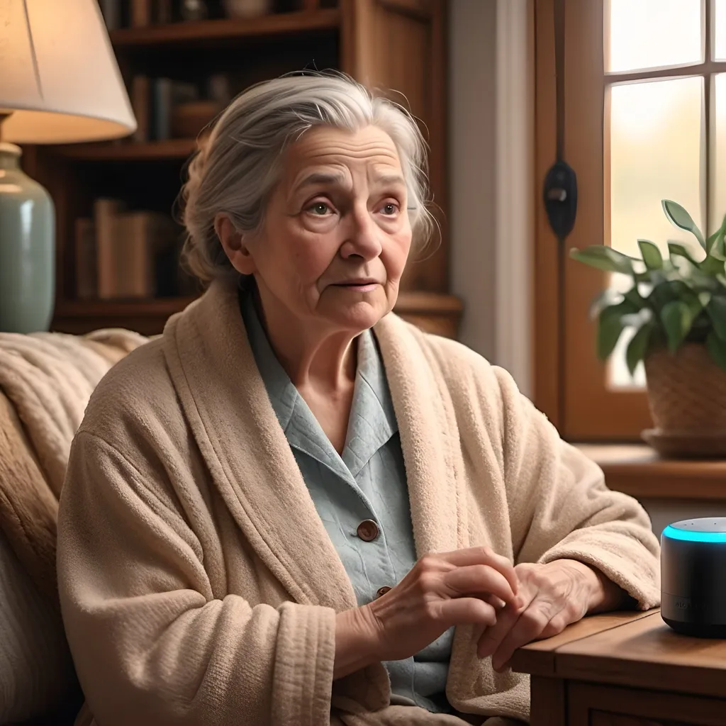 Prompt: Cozy living room scene with an old woman in a house coat, talking to Alexa smart speaker, warm and inviting atmosphere, detailed facial features, high quality, realistic, cozy, detailed setting, comfortable lighting, realistic texture, vintage decor, traditional interior, detailed wrinkles, soft and warm color tones, aged wood furniture, homey, familiar, detailed expression, relaxing ambiance, natural lighting