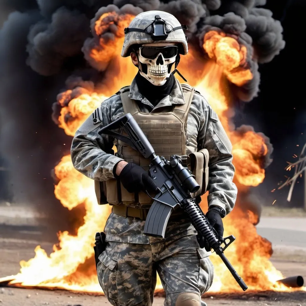 Prompt: Esqueleto con uniforme militar y un rifle, prendido fuego de forma increíble y con una explosión de fondo