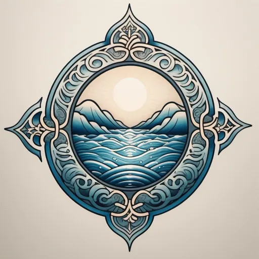 Prompt: Japanese water and light symbol, traditional tattoo design, intricate details, high quality, fine line work, Japanese style, serene and tranquil, cool color tones, soft lighting, water symbolism, light element, intricate design, minimalistic, best quality, detailed, traditional, symbolic, symbolic, calming atmosphere