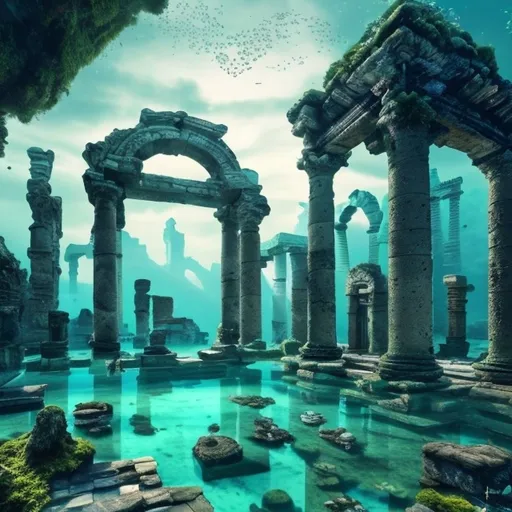 Prompt: ancient ruins half submerged in crystal-clear water, (realistic), (beautiful), (detailed), serene ambiance, ethereal lighting filtering through water, intricate stone structures and moss-covered details, hints of marine life fluttering around, serene underwater landscape, soft blue and green tones creating a tranquil atmosphere, (4K), showcasing the wonders of nature reclaiming human history