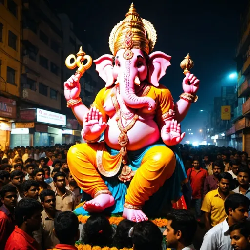 Prompt: a large statue of a hindu god Ganesh ji. in a parade in a city at night time with people watching from the street, Ella Guru, samikshavad, award-winning photograph, a statue