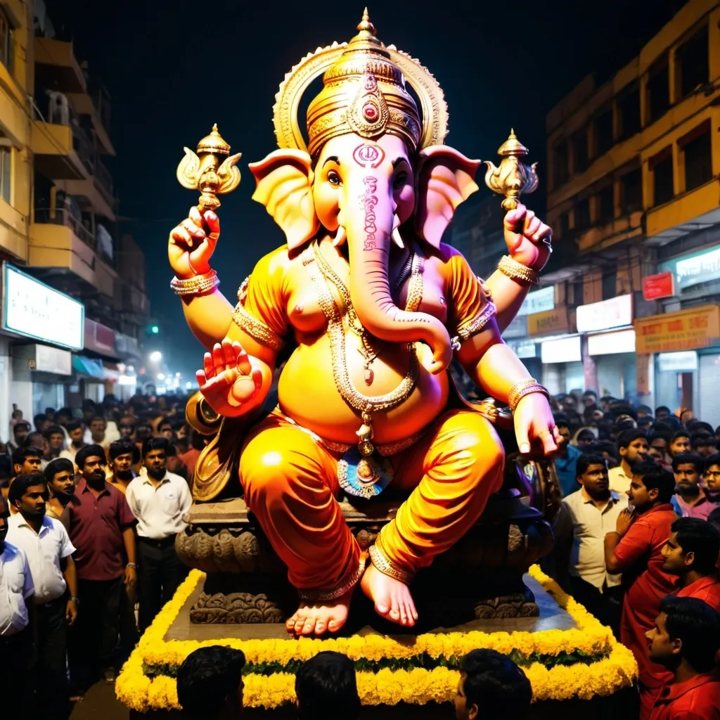 Prompt: a large statue of a hindu god Ganesh ji. in a parade in a city at night time with people watching from the street, Ella Guru, samikshavad, award-winning photograph, a statue