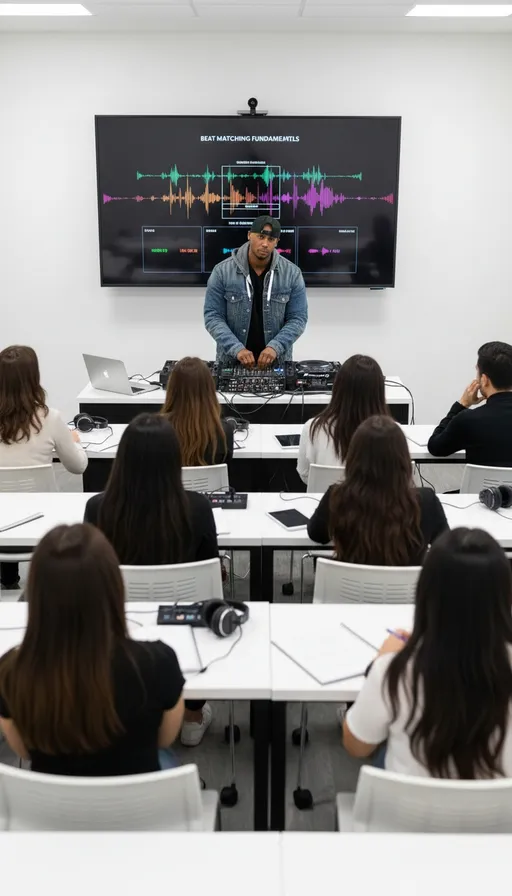 Prompt: DJ Kue teaching a DJ lesson in a modern classroom setting, 10 students seated at desks with small DJ controllers, DJ Kue standing at the front demonstrating techniques on a professional DJ setup, bright studio lighting, large screen behind him showing waveforms and mixing tips, students engaged and taking notes, diverse group of learners, educational atmosphere, clean minimal design, high-resolution, ultra-realistic photography style, shallow depth of field highlighting DJ Kue as the instructor.