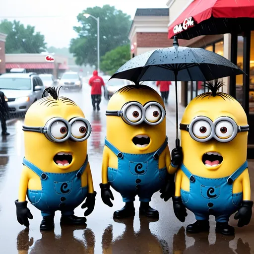 Prompt: Chick-fil-a  workers in the rain but the workers are despicable me minions