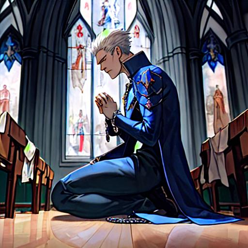 Prompt: Vergil from DMC sitting in a Catholic Church with the camera looking at him from the side while he prays the rosary. He is wearing his traditional blue coat. Dante is next to him