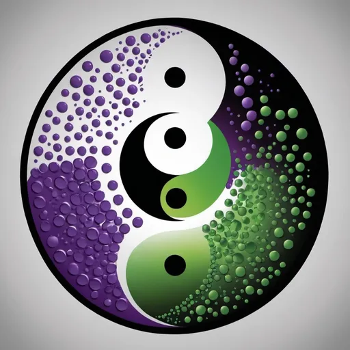 Prompt: creat a yin yang symbol, but instead of the classic white and black, replace the white with purple and have falling columns of green zeros and ones. And replace black with green and have falling columns of purple zeros and ones.