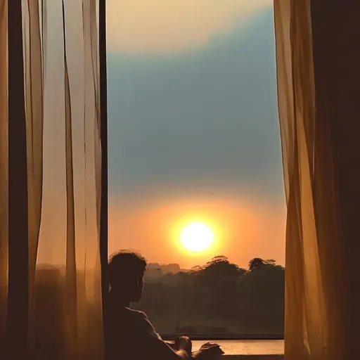 Prompt: A sun set view from a rooms window. A person sitting at the window. Evening time and nostalgic
