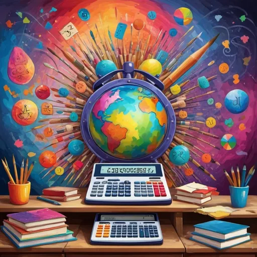 Prompt: Generate a decorative painting for the classroom of the Accounting subject. Use classic accounting items like calculators and distribute them symmetrically throughout the painting. It should be made with vibrant colors and high contrasts. Use a psychedelic art style.