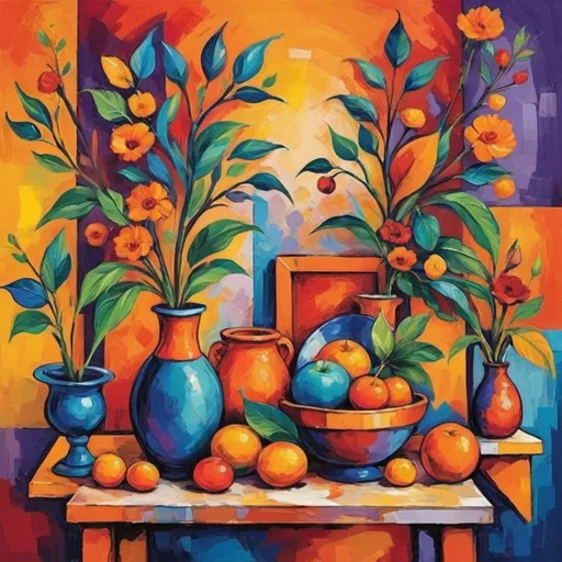 Prompt: Generate an image for a decorative painting. Use elements of accounting, and place them symmetrically throughout the painting. It must be made with vibrant colors and high contrasts. Use a mix of styles such as expressionism, neo-impressionism or fauvism.