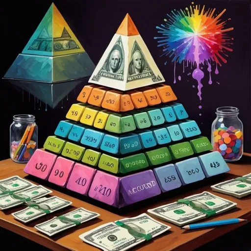 Prompt: Generate a decorative painting for the classroom of the Accounting subject. Use classic accounting items like calculators and money to form whit them a very discreet pyramid, where the elements go from bottom to top in order of importance for Accounting. It should be made with four highly contrasting colors, and using the psychedelic art style.