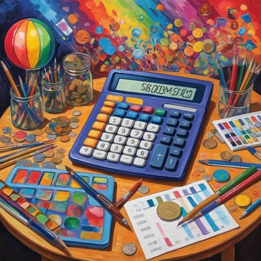 Prompt: Generate a decorative painting for the classroom of the Accounting subject. Use Accounting elements like calculators, coins, graphs and worksheets, and distribute them symmetrically throughout the painting. It should be made with vibrant colors and high contrasts. Use a mix of styles such as expressionism, neo-impressionism but, above all, psychedelic art.