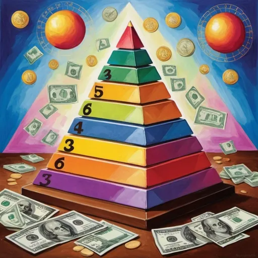 Prompt: Generate a decorative painting for the classroom of the Accounting subject. Use classic accounting items like calculators and money and distribute them symmetrically throughout the painting. Give it a composition in the form of a very discreet pyramid, where the elements go from bottom to top in order of importance. It should be made with four highly contrasting colors, and using the psychedelic art style.