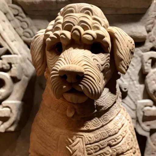 Prompt: Mayan carving of a golden doodle, museum style, ancient stone texture, intricate carvings, high quality, realistic, ancient Mayan, detailed fur, golden tones, museum lighting, historical, majestic, ancient civilization, golden doodle, stone sculpture, museum exhibit