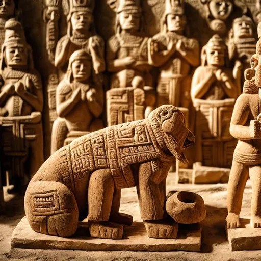 Prompt: realistic anthropology scene of mayan worshiping a stone carved golden doodle 
