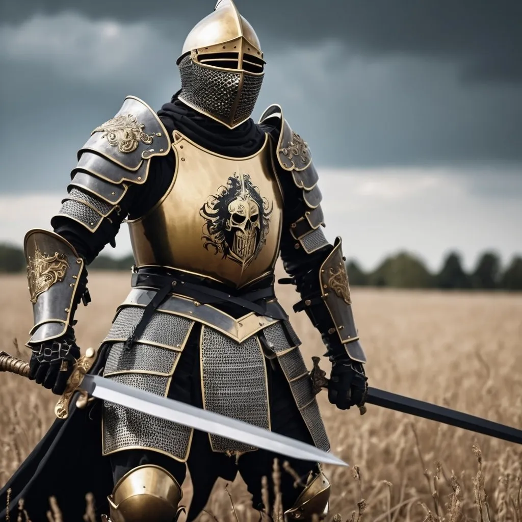 Prompt: A knight of death in the field of battle striking down his enemies. Black and gold armor with a black steel sword.