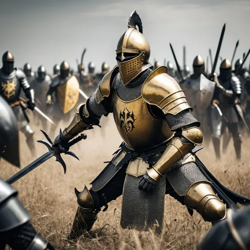 Prompt: A knight of death in the field of battle striking down his enemies. Black and gold armor with a black steel sword. Stabbing another knight.