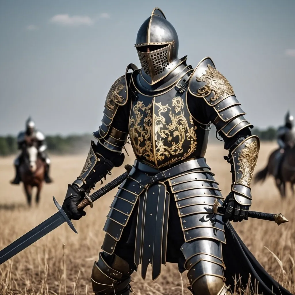 Prompt: A knight of death in the field of battle striking down his enemies. Black and gold armor with a black steel sword.