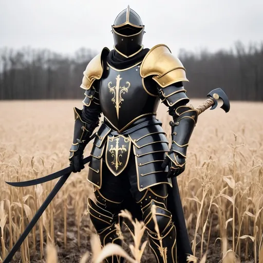 Prompt: Draw the month of February as a knight in the field of battle. Black and gold armor with a black steel scythe.