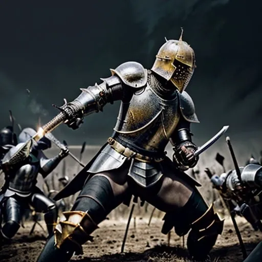 Prompt: A knight of death in the field of battle striking down his enemies. Black and gold armor with a black steel sword. Stabbing another knight.