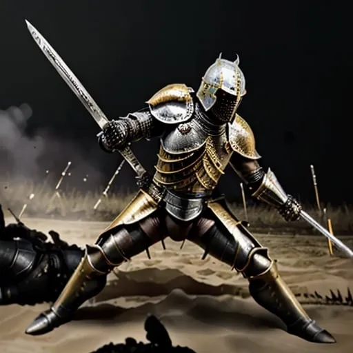 Prompt: A knight of death in the field of battle striking down his enemies. Black and gold armor with a black steel sword. Stabbing another knight.