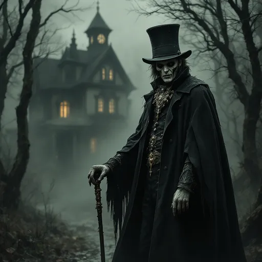Prompt: Create a complete figure image of a guy In a cloak standing near a house of horror behind him is a mist. He wares a high hat and holds an expensive sick. He's face is old and evil. HBehind him is possessed Gothic girl
