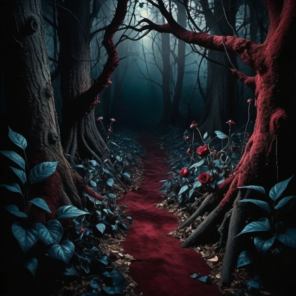 Prompt: Surrealist image of (enchanted forest), dark romance theme, subtle, smoky atmosphere, vivid contrasts, deep reds, blues, and blacks, compelling and moody ambiance, dramatic lighting, ultra-detailed, high quality, cinematic masterpiece, an enchanting yet eerie composition.