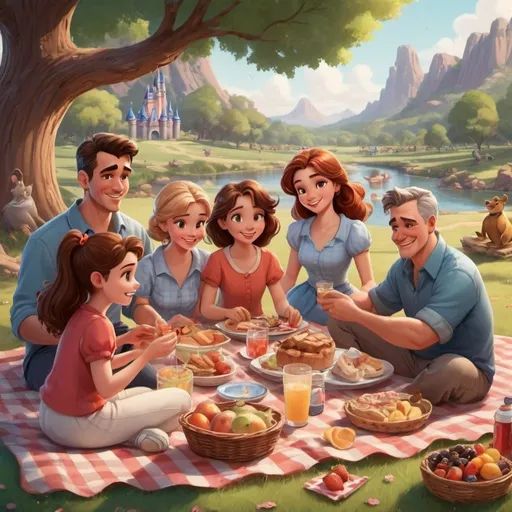 Prompt: a family picnic with parents grandparents brothers sisters and make it in a Disney style
