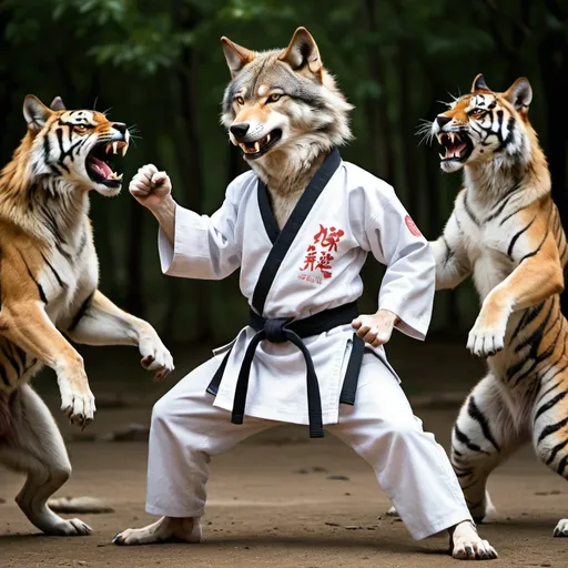 Prompt: a wolf that wears a karate gi and fight of a dozen of tigers
