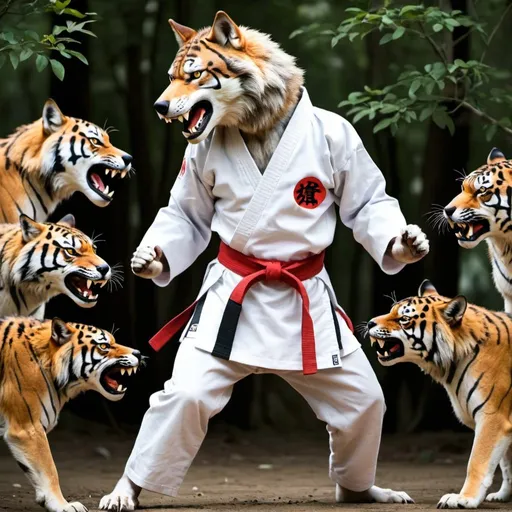 Prompt: a wolf that wears a karate gi and fight of a dozen of tigers
