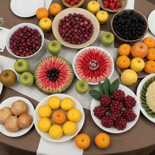 Prompt: A table with different fruit and food