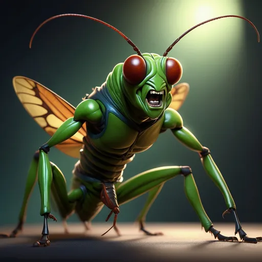 Prompt: Create a hyperrealistic illustration of an anthropomorphic insect villain, resembling a cartoonish, menacing grasshopper. The character stands with an assertive posture, displaying defined muscles and an angry expression. Its large, curved antennae and segmented body should be emphasized with intricate details that highlight its texture. The setting is a dramatic, shadowy environment with dim lighting to enhance the character's imposing presence. Focus on earthy tones like dark greens and browns, contrasted with hints of vibrant colors on its exoskeleton to add depth. Include a faint outline of a blurred background, suggesting a dark forest or sinister hideout, enhancing the overall tension of the scene.