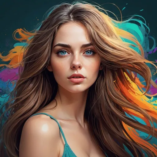 Prompt: Beautiful digital illustration of a woman with flowing hair and expressive eyes, showcasing detailed artistry and vibrant colors.digital art; woman; portrait; illustration; flowing hair; expressive eyes; beautiful; vibrant; detailed; artwork; female; character; drawing; artistic; creative; design; fantasy; modern; stylish; fashion; beauty; realistic; contemporary; stunning; aesthetic; attractive; face; long hair; brunette; graphic; rendering; colorful; digital painting; imaginary; concept art; detailed illustration; visual art; artistic expression; intricate design; elegant